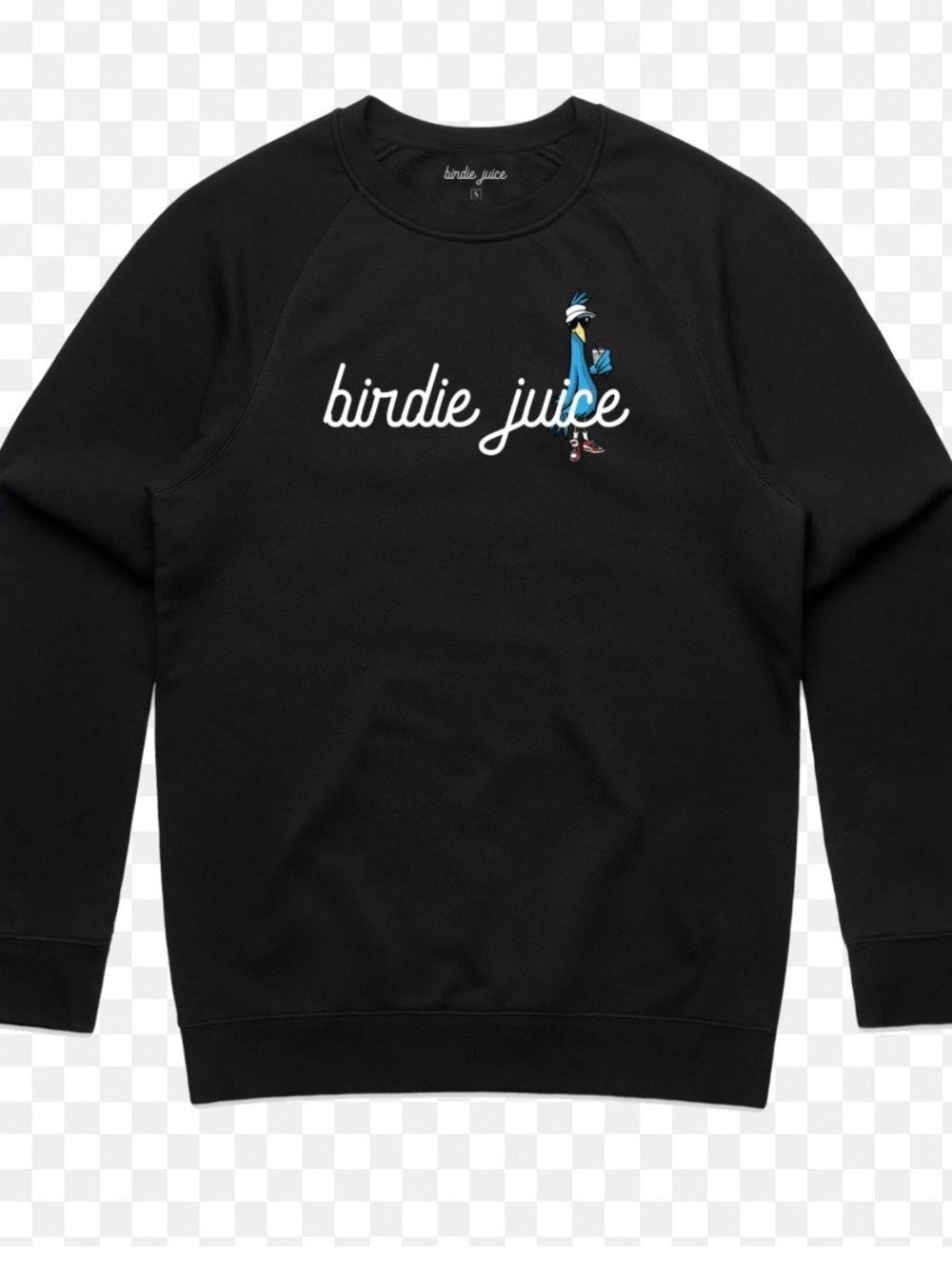 Bad Birdie Black 'birdie juice' Script Crewneck Sweater with Blue Bird Graphic